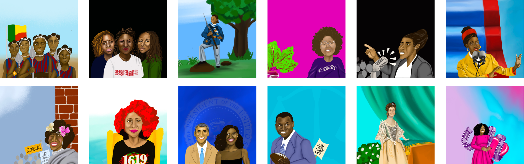 illustrations of featured black historians for the book be like me from a to z